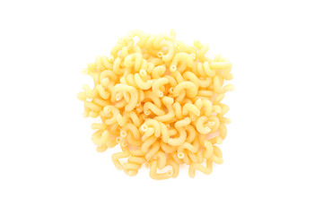 Pasta isolated on white background, top view. Traditional shape of dry uncooked whole pasta