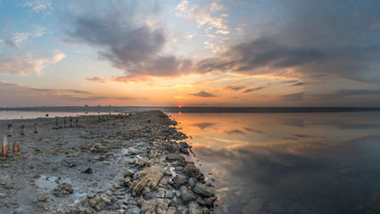 Panoramic view of the salt lake at sunset