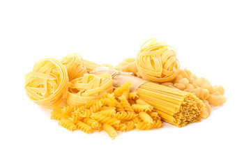 Pasta isolated on white background. Uncooked whole wheat pasta