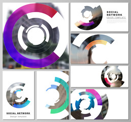 The minimalistic abstract vector layouts of modern social network mockups in popular formats. Futuristic design circular pattern, circle elements forming geometric frame for photo.