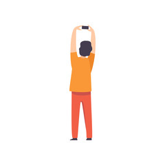 Man Taking Pictures with Raised Hands at Open Air Festival, Back View, Outdoor Summer Concert Vector Illustration