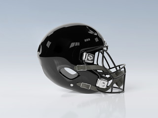 Black American football helmet isolated on grey mockup 3D rendering