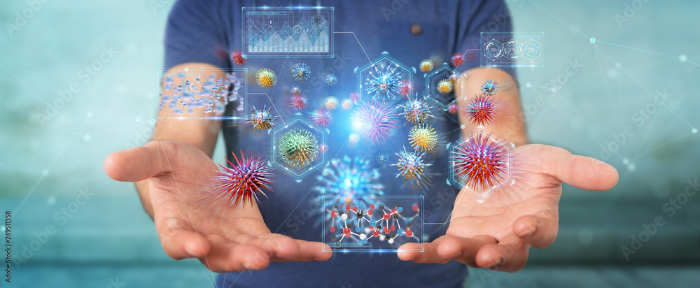 Poster businessman analyzing bacteria microscopic close-up 3d rendering