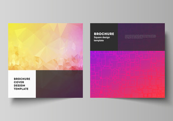 The minimal vector illustration of editable layout of two square format covers design templates for brochure, flyer, magazine. Abstract geometric pattern with colorful gradient business background.