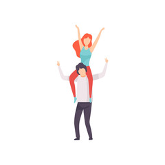 Girl Sitting on Shoulders of Guy with Hands Raised, People Dancing, Cheering, Relaxing, Partying Open Air Festival, Outdoor Summer Concert Vector Illustration