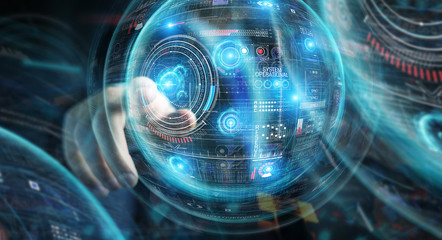 Businessman using digital technological interface with datas 3D rendering