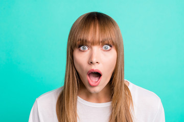 Portrait of  disappointed horrified teen youngster impressed astonished terrible information scream...