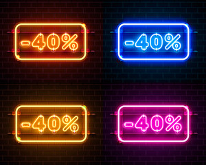 Neon 40 off text banner color set. Night Sign. Vector