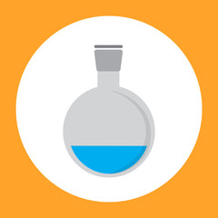 Icon of science equipment, a round bottom flask with blue sample inside