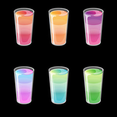 Set of cocktail jelly shots. Bright multicolored gradient jelly in glossy cartoon style. Vector illustration isolated on black background.