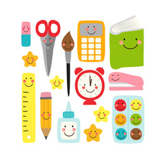 Cute Back to school banner design with colorful funny cartoon characters, education theme background