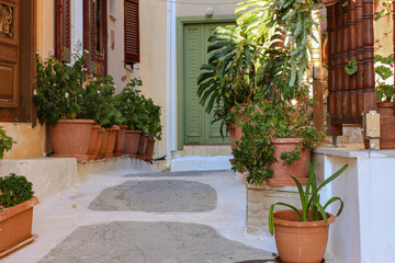 Fototapeta na wymiar Narrow street with flower pots, Nafplio, Peloponnese, Greece