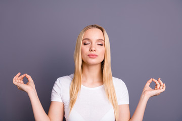 Portrait of  charming cheerful content kayd millennial make faces grimace celebrate carefree...