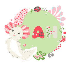 Cute Kawaii axolotl, baby amphibian drawing. Cute frame background, with elements of flora, leaves, flowers, pebbles. Lettering Psst. Flat style design. Ambystoma mexicanum