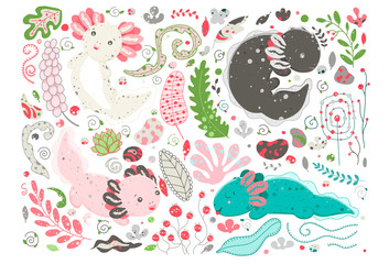 Cute Kawaii axolotl, baby amphibian drawing. Cute animal drawing, funny cartoon illustration. Flat style design. Ambystoma mexicanum