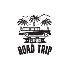 Vintage surf logo print design for t-shirt and other uses. Surfers Road Trip typography quote calligraphy and van car icon. Unusual hand drawn surfing graphic patch emblem. Stock vector