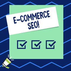 Writing note showing E Commerce Seo. Business concept for making your online store more visible in the search engine