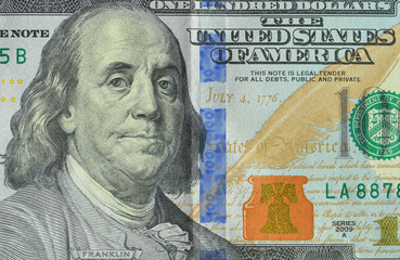 US 100 Dollar banknote. Franklin Roosevelt. Close up