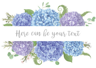 Vector illustration of strip horizontal frame.leaves, branches eucalyptus, gaultheria, salal, chamaelaucium, fern.Blue, purple, of flowers hydrangea.Template for wedding invitations,