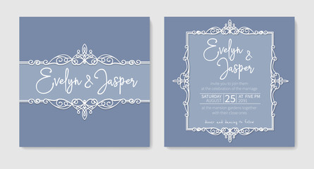 Set for two wedding invitation, greeting card, flyer, banner. With a curly white frame isolated on blue