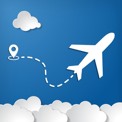 paper airplane with start point, dah line trace and white clouds on blue air background. Clear sky travel background.