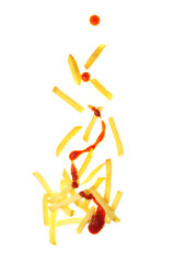 Tasty french fries with tomato sauce on white background