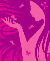 Naklejka premium Silhouette of a woman with long curly hair playing with butterflies.