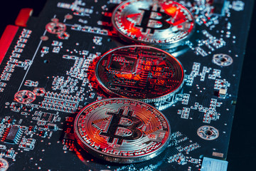 golden bitcoin and computer chip in background