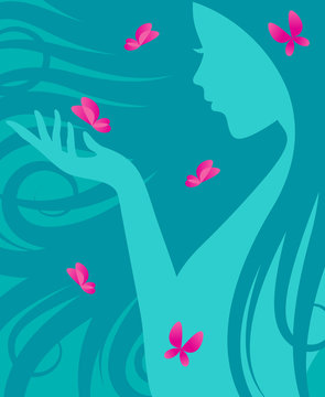 Silhouette of a woman with long curly hair playing with butterflies.