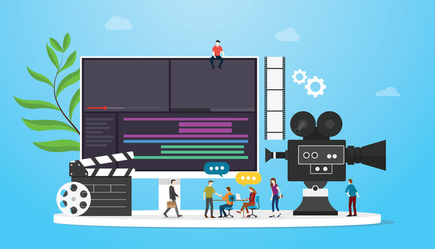 film video production concept with team people and camera editing with team people with flat modern style - vector