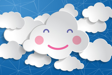 tranquil baby shower illustration of happy smile white paper cloud on wire network blue sky background