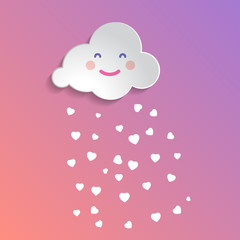 Flat art design graphic image of happy cloud with herats (baby shower concept) on pink and violet gradient pastel background