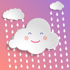 Flat art design graphic image of happy cloud with rain drops (baby shower concept) on pink and violet gradient pastel background