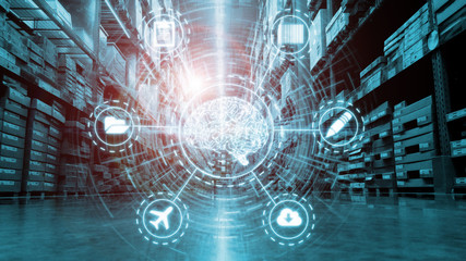 3D Rendering of digital circuit brain and logistic related icon with glowing led lights on blue color theme warehouse background. Concept of using ai for smart inventory management system