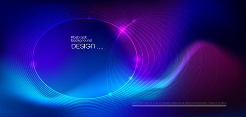 Illustration Abstract glowing, neon light effect, wave line, wavy pattern. Vector design communication techno on blue background. Futuristic digital technology for web or banner background