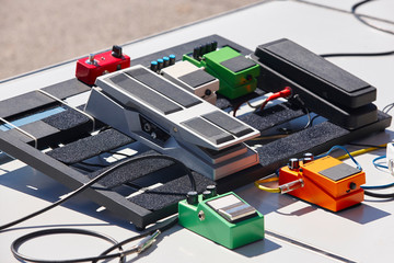 Guitar pedal effects instrument. Rock musical equipment. Sound processor