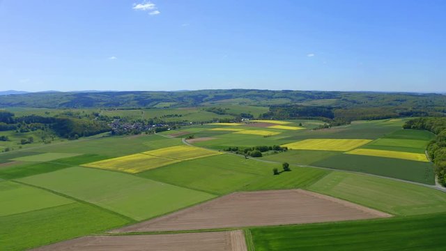 Aerial view, flight over agriculture with cereal fields and rapeseed cultivation, Sch&ouml;ffengrund, Schwalbach, Hochtaunuskreis, Hesse, Germany