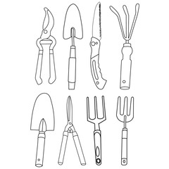 isolated, set of sketches of garden tools, collection