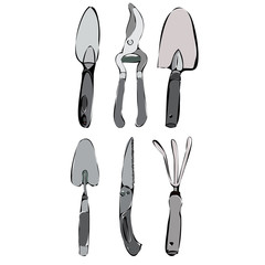vector, isolated, set of gray garden tools