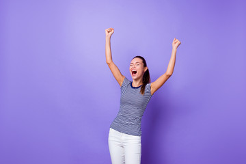 Portrait cute charming sweet lady youth close yes raise fists true sport fan have get aim achievements successful shout yeah excited amazed spring summer clothes isolated vibrant violet background