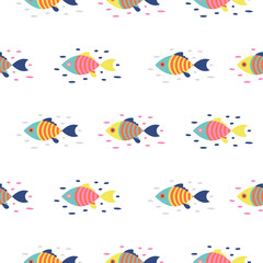 Fototapeta na wymiar Colorful fish seamless vector pattern. Cartoon style fish background.