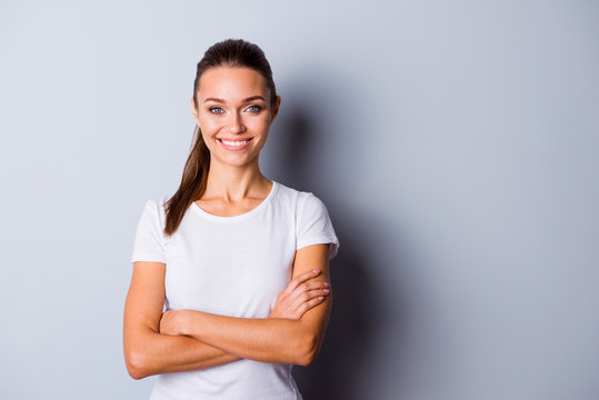 Close Up Photo Beautiful Amazing She Her Lady Perfect Ideal Teeth Arms Crossed Self-confident Easy-going Person Listening Good News Sure Such Results Wear Casual White T-shirt Isolated Grey Background