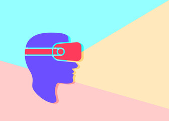 flat lay modern minimal man head in virtual reality glasses icon with shadow on pastel colored blue and pink background