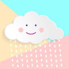 Flat art design graphic image of happy cloud with rain drops (baby shower concept) on pink and blue pastel background