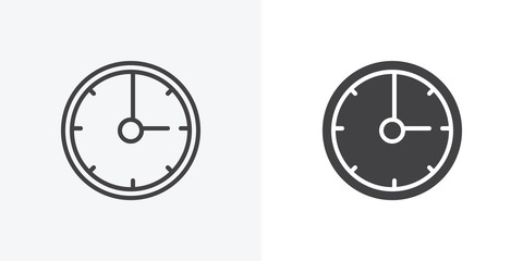 Circle clock icon. line and glyph version, outline and filled vector sign. Office wall clock linear and full pictogram. Time symbol, logo illustration. Different style icons set