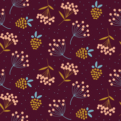 Dandelions and strawberry purple colors seamless vector pattern.