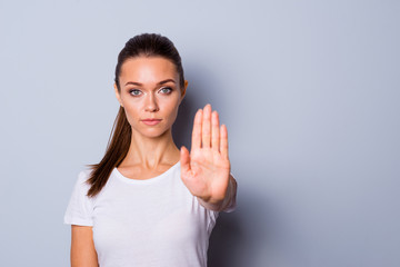 Close up photo amazing beautiful she her lady arm hand one palm raised up not allow go step next...