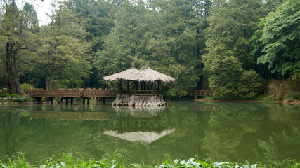 Fototapeta na wymiar Outdoor pavilion and Sister's ponds, Alishan Forest Recreation Area, Chiayi County, Taiwan. Calm atmosphere. 