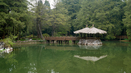 Outdoor pavilion and Sister's ponds, Alishan Forest Recreation Area, Chiayi County, Taiwan. Calm atmosphere.    