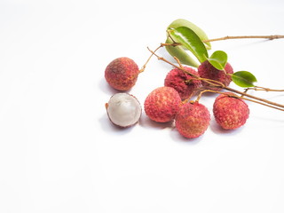 Delicious a group red ripe Lychees Fruit (Litchi chinensis in the soapberry family) isolated on white background.